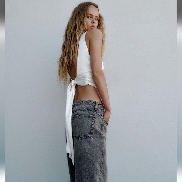 NWT Zara White Satin Effect Open Tie Back Top, Size L - Picture 4 of 9